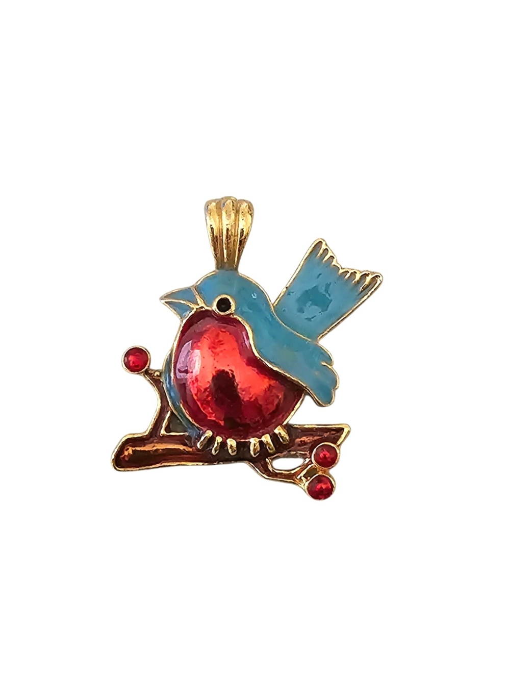 Vintage Gold-Tone Blue & Red Bird Pendant